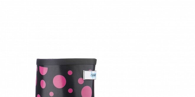 Dámské černé úzké holínky Splash by Wedge Welly s růžovými puntíky