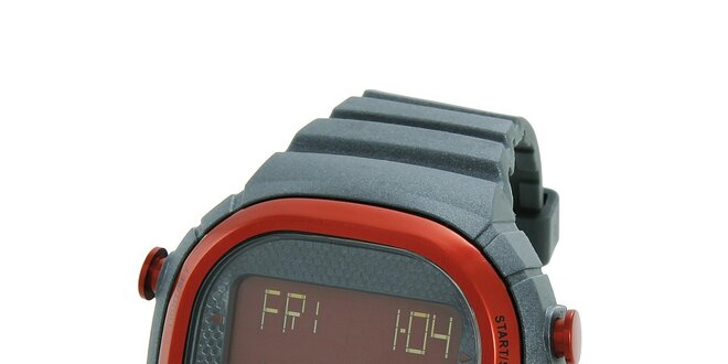 Tmavě šedé digitální hodinky Adidas s červenými detaily