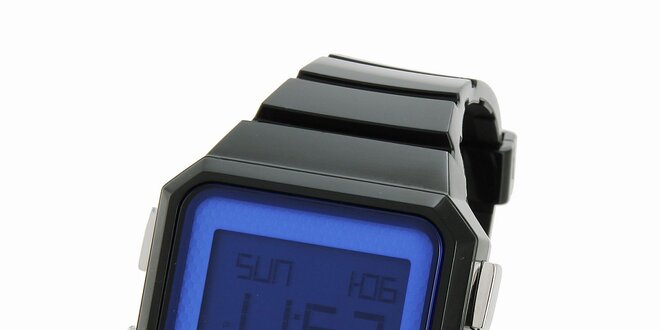 Černé digitální hodinky Adidas s modrým ciferníkem