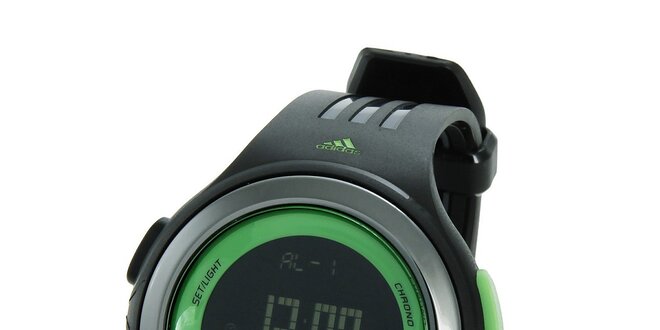Černé sportovní digitální hodinky Adidas se zelenými detaily