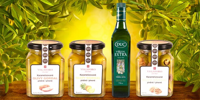 Plněné karamelizované olivy i olivový olej