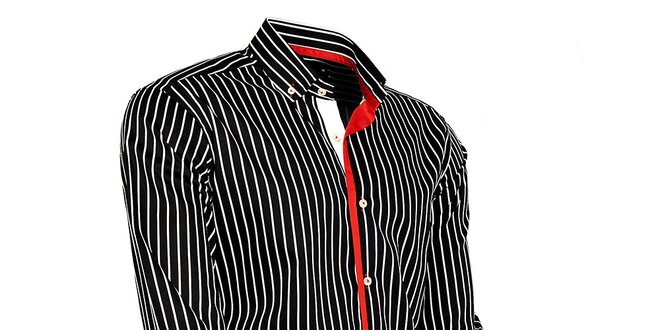 Pánská černo-bílá proužkovaná košile s červenými detaily Pontto
