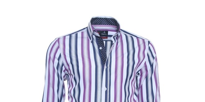 Pánská bílá košile Ponto s modro-fialovými pruhy