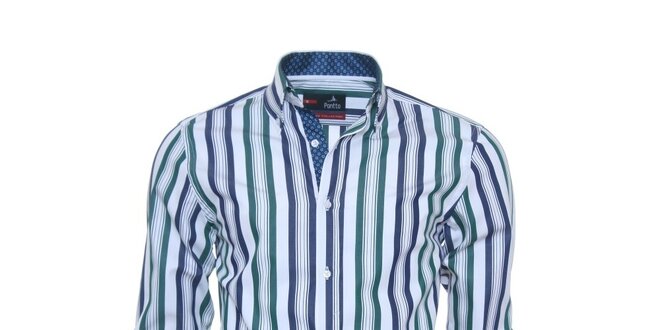 Pánská bílá košile Pontto s modro-zelenými pruhy