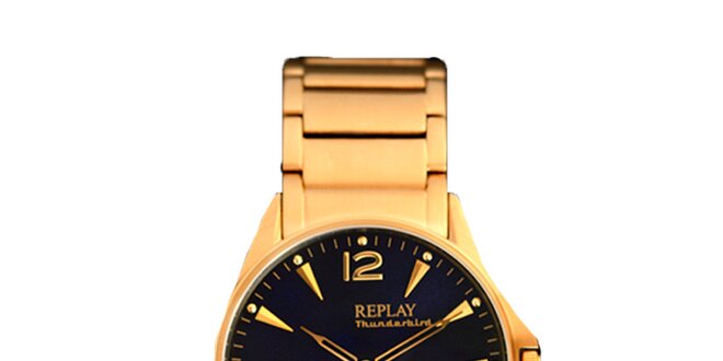 Pánské zlaté hodinky s modrým displejem Replay