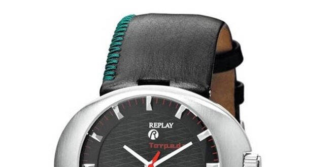 Dámské černé oválné hodinky s prošívanými detaily Replay