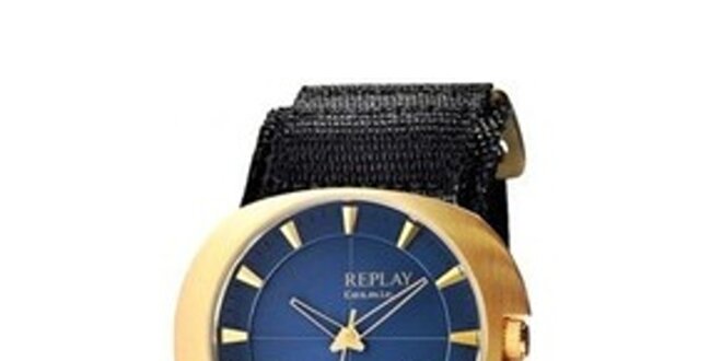 Pánské zlaté oválné hodinky s modrým ciferníkem Replay