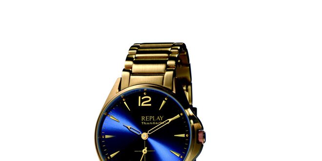 Pánské zlaté hodinky s modrým displejem Replay