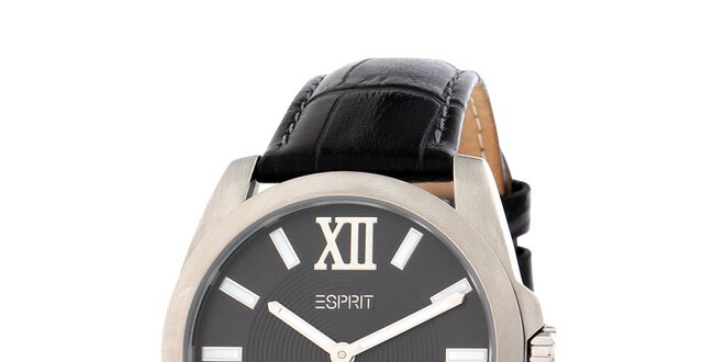 Dámské ocelové hodinky Esprit s černým koženým řemínkem