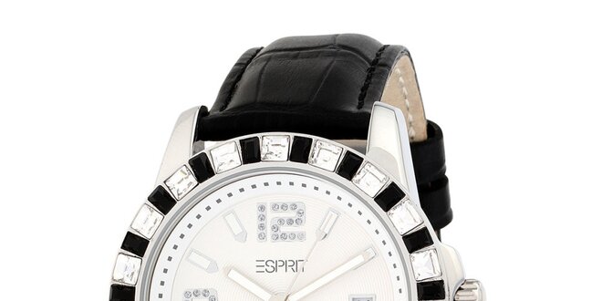 Dámské černo-bílé analogové hodinky s krystaly Esprit