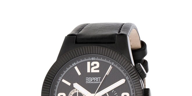 Pánské černé hodinky Esprit s koženým řemínkem