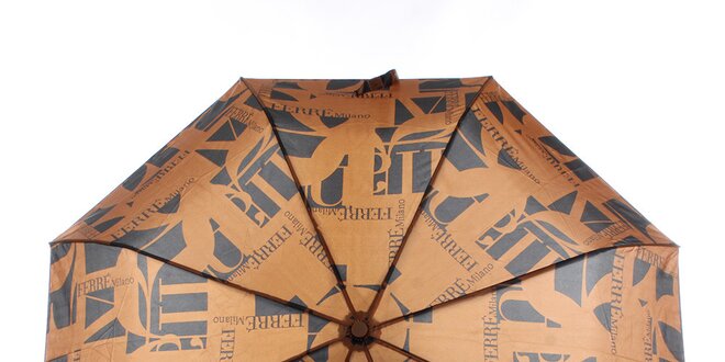 Dámský karamelovo-černý vystřelovací deštník s logem Ferré Milano