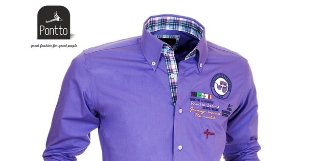 Pánská fialová košile Pontto s vyšíváním