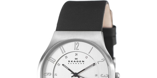Pánské ocelové hodinky Skagen s černým koženým řemínkem