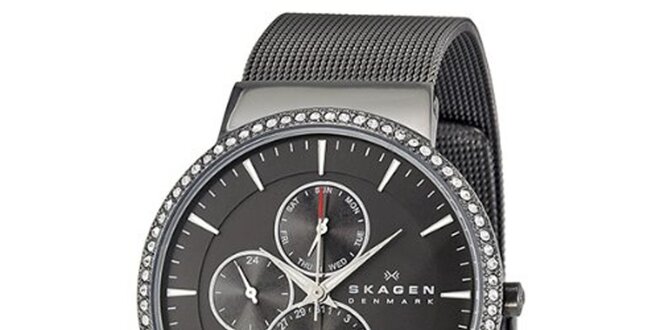 Dámské černé ocelové hodinky Skagen s krystaly