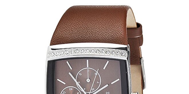 Dámské hranaté hodinky Skagen s hnědým koženým řemínkem