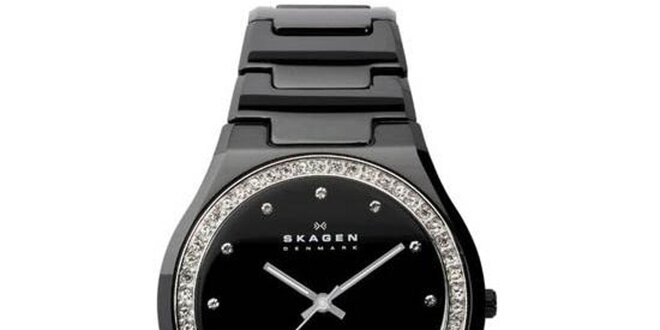 Dámské černé keramické hodinky Skagen s ciferníkem obloženým krystaly