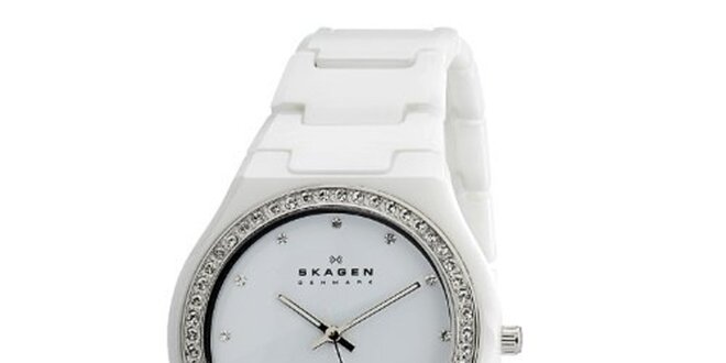 Dámské bílé keramické hodinky Skagen s ciferníkem obloženým krystaly