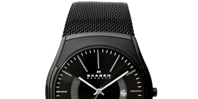 Pánské černé analogové hodinky s reliéfním řemínkem Skagen