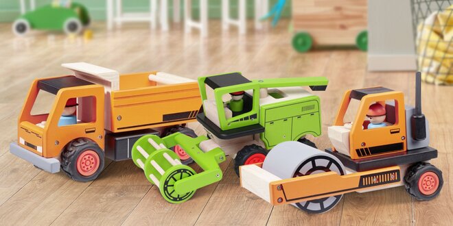 Dřevěné hračky: nakladač, bagr, traktor i jeřáb