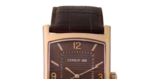 Pánské zlaté analogové hodinky Cerruti 1881 s hnědým koženým řemínkem