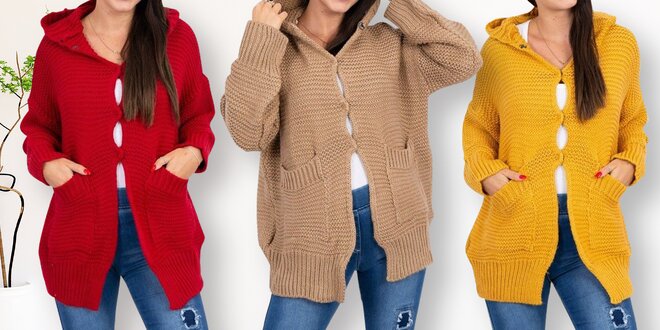 Dámský volný svetr s kapucí a knoflíky