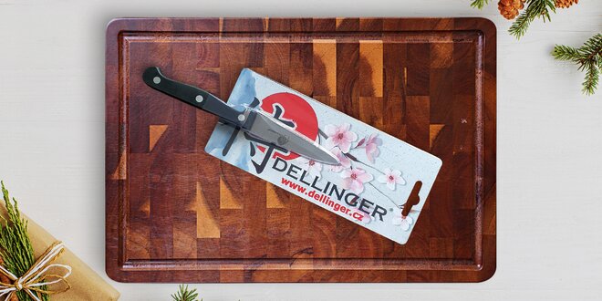 Akátové krájecí prkénko a kvalitní nůž Dellinger