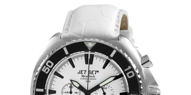 Bílé kulaté hodinky s koženým řemínkem Jet Set
