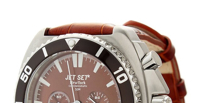 Pánské ocelové hodinky Jet Set s hnědým koženým řemínkem