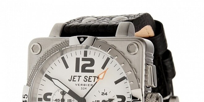 Ocelové hodinky Jet Set s černým koženým řemínkem