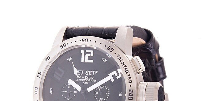 Pánské ocelové hodinky Jet Set s černým koženým řemínkem
