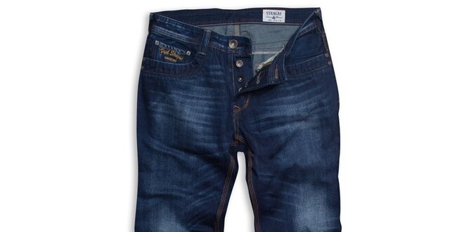 Pánské tmavě modré džíny Paul Stragas s vyšisovanými koleny