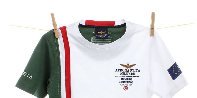 Dětské bílé tričko se zeleným rukávem Aeronautica Militare
