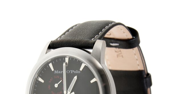 Marc O´Polo hodinky s černým koženým řemínkem a černým ciferníkem