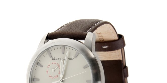 Marc O´Polo hodinky s tmavě hnědým koženým řemínkem a bílým ciferníkem