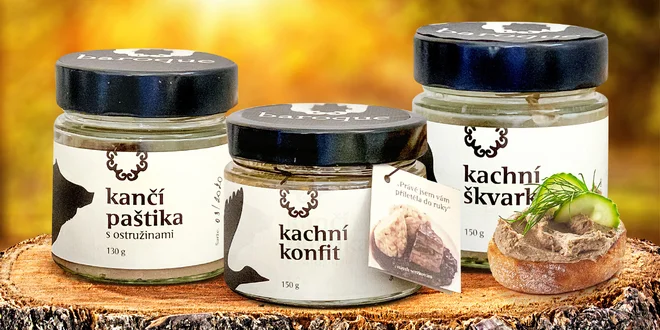 Kachní škvarky, kachní konfit nebo kančí paštika z ČR