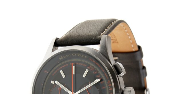Pánské hodinky Marc O´Polo s tmavě šedým koženým řemínkem a černým ciferníkem