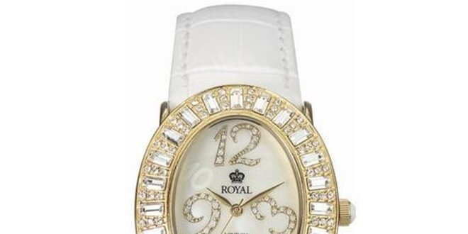 Dámské zlaté hodinky s kamínky a bílým řemínkem Royal London