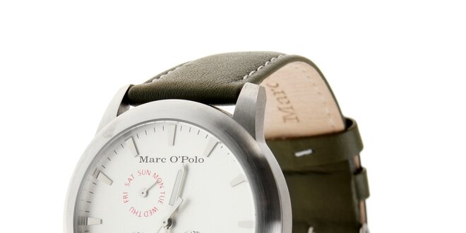 Marc O´Polo hodinky s tmavě zeleným koženým řemínkem a stříbrným ciferníkem
