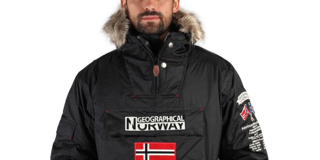Pánská černá zimní bunda s kožíškem a norskou vlajkou Geographical Norway