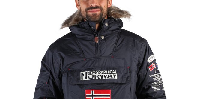 Pánská tmavě modrá zimní bunda s kožíškem a norskou vlajkou Geographical Norway