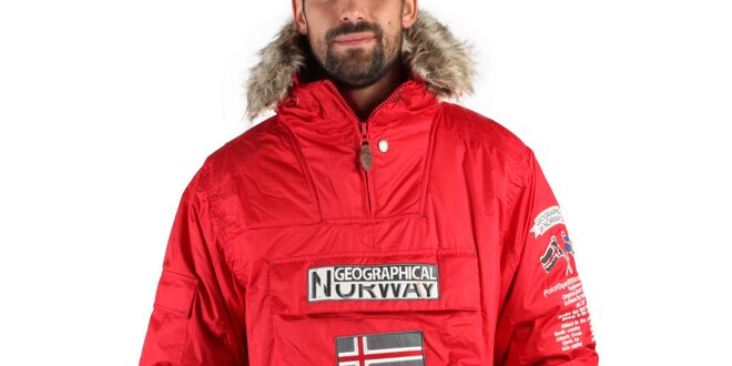 Pánská červená zimní bunda s kožíškem a norskou vlajkou Geographical Norway