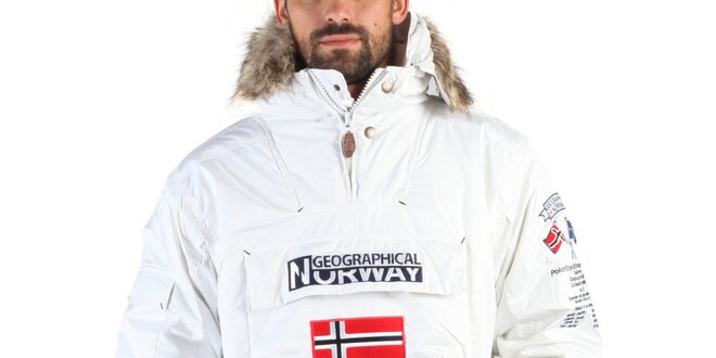 Pánská bílá zimní bunda s kožíškem a norskou vlajkou Geographical Norway