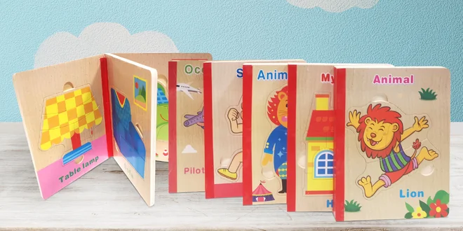 Dětská dřevěná puzzle knížka: 5 veselých motivů