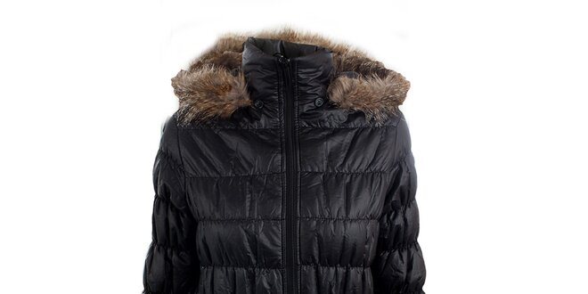 Dámský černý kabát s kapucí a kožešinkou Mezzo