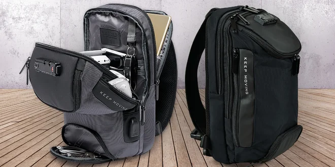 Batoh přes jedno rameno: kapsa na iPad i USB port