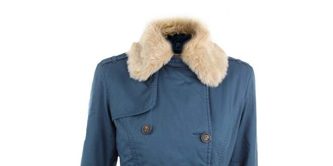 Dámský modrý kabát s kožešinkovým límcem Timeout