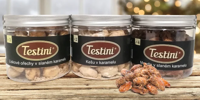 Mandle, kešu a lískové ořechy ve slaném karamelu