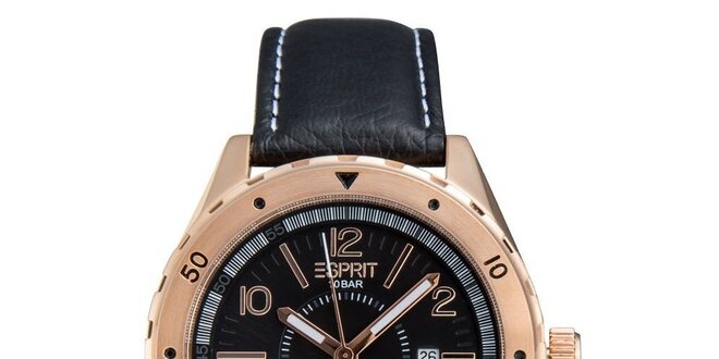 Pánské růžovozlaté hodinky s černým řemínkem Esprit