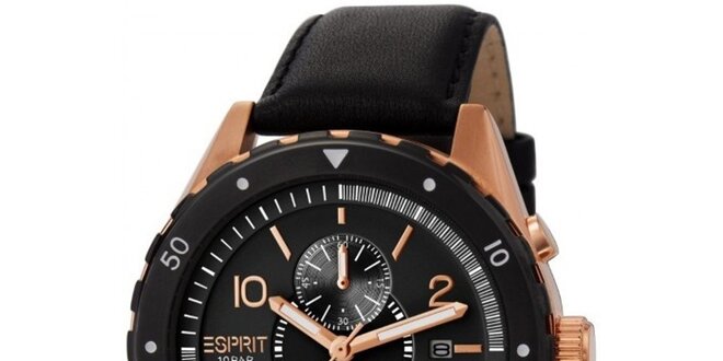 Pánské černé analogové hodinky se zlacenými detaily Esprit